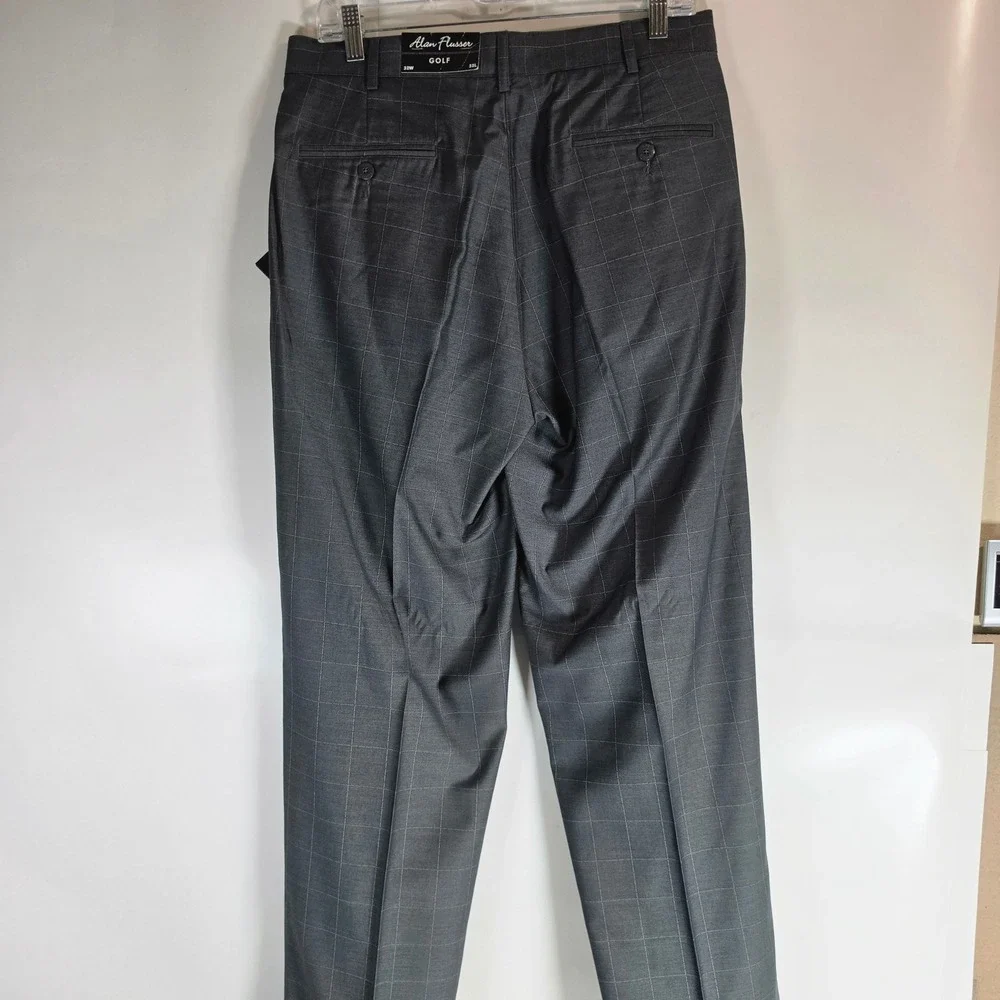 Alan Flusser Men 32x32 Gray Windowpane Dress Pants Double Pleated Cuffed NWT